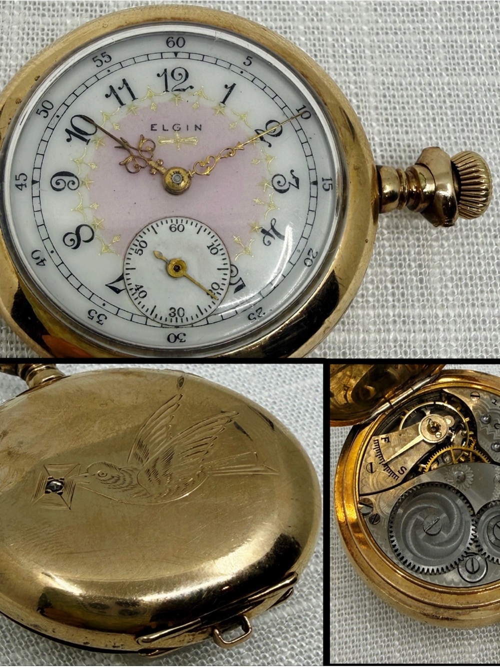 VICTORIAN 1911 Elgin Grade 320 7J Sz 0 Pendant Watch - Rare Dial+Diamond Design
